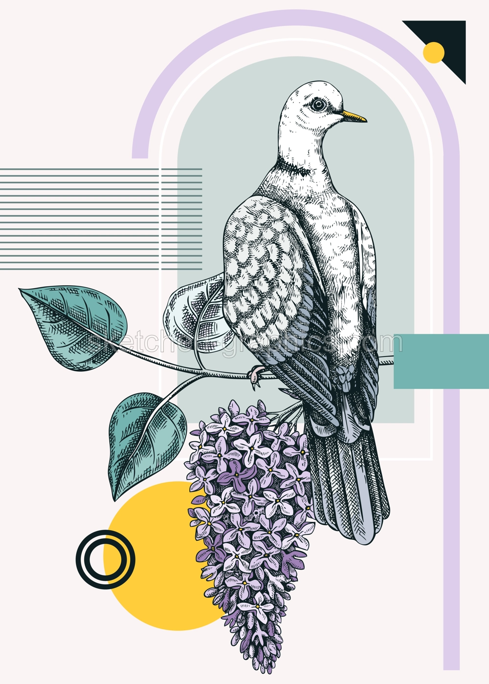 Collage style dove vector illustration. Hand-drawn bird on blooming lilac branches with flowers and leaves. Trendy design with botanical sketches, geometric shapes, and abstract elements for print Illustration